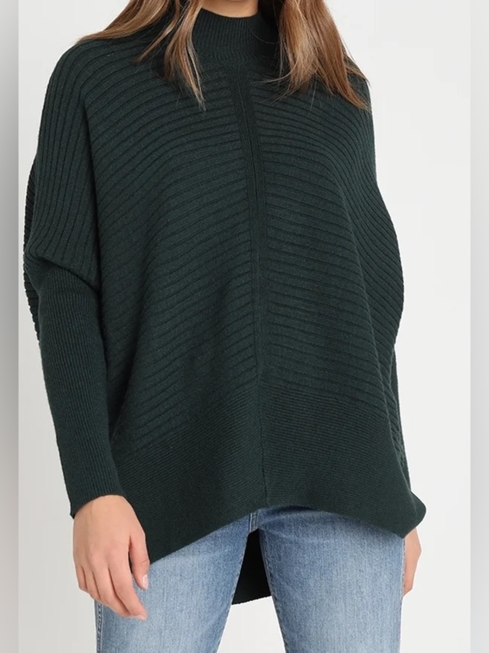 River Island Dark Green Ribbed Knit Mock Neck Sweater Dolman Sleeves